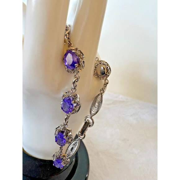 Purple Amethyst CZ Sterling Silver 925 Tennis Bracelet 7.25" Brilliant Stones - Picture 4 of 7